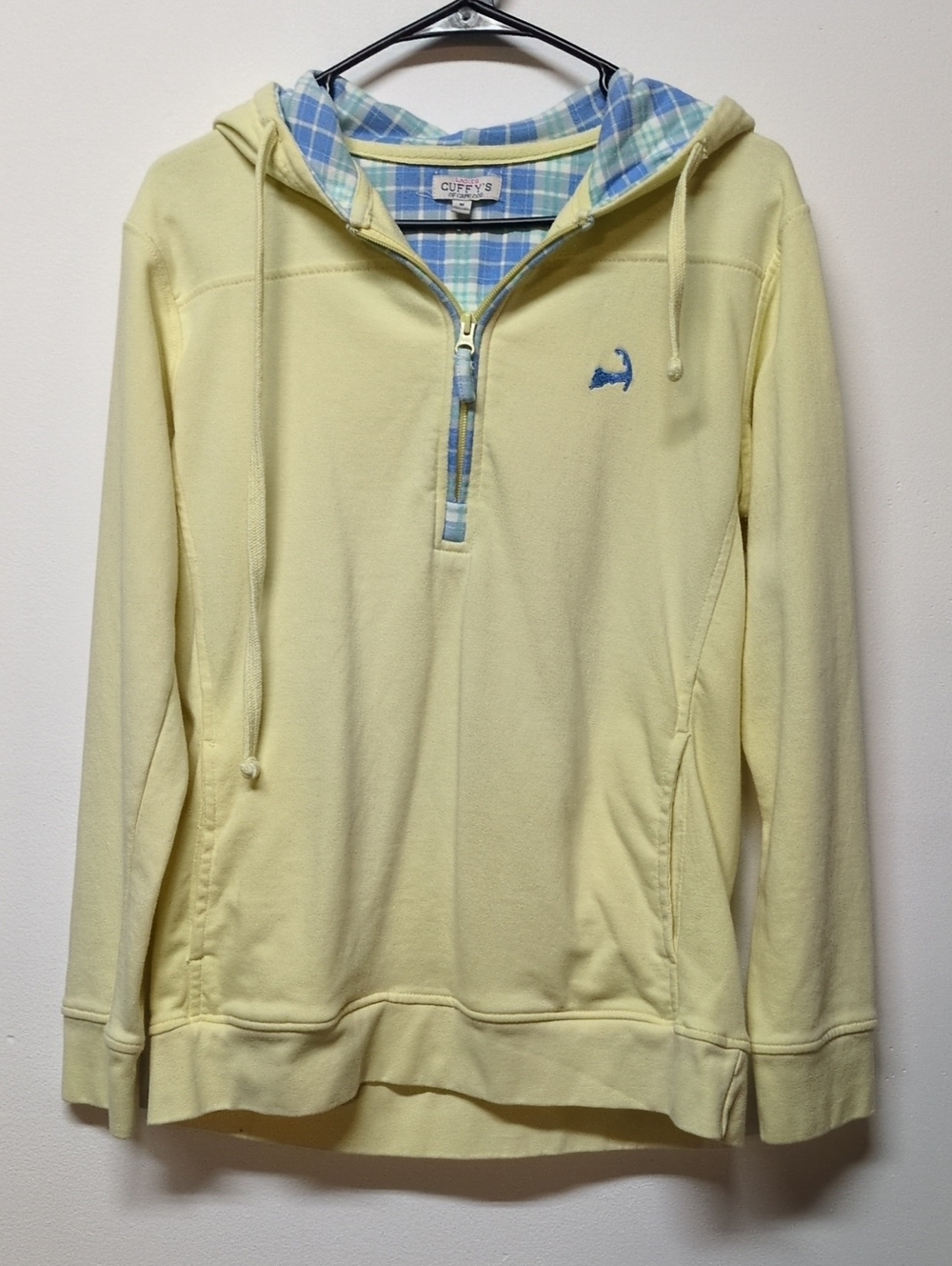 Cuffy’s Cape Cod Sweatshirt Yellow Pullover Coastal Preppy Hoodie Plaid, Size M